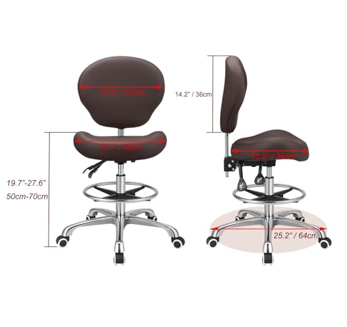 Image of Kaleurrier Adjustable Stools Drafting Chair with Backrest & Foot Rest,Tilt Back,Swivel Seat,Rolling Wheels,for Studio,Dental,Office,Salon and Counter,Armless Tall Home Desk Chairs (Brown)
