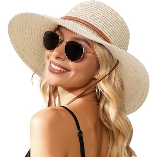 Womens Beach Sun Straw Hat, Wide Brim Sun Hat Travel Foldable Summer Wind Lanyard UPF 50+