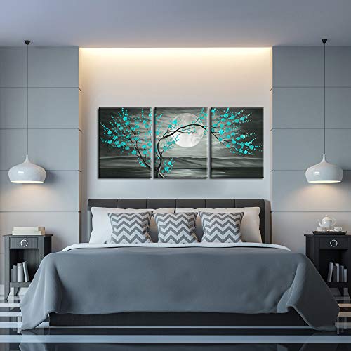 Iknow Foto 3Pcs Grey And Teal Floral Canvas Prints Framed Plum Blossom Tree Oil Painting Printed On Canvas Gallery Wrapped Full Moon Flower Pictures Living Room Traditional Paintings 12X16X3Pcs #TOP1