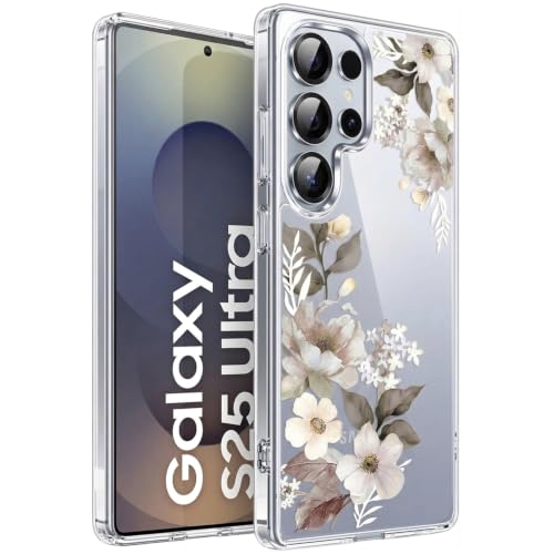 Image of VONZEE Clear Transparent Flower Case Compatible with Samsung Galaxy S25 Ultra 5G, Shockproof Floral Design PC+TPU Back Cover, Full Camera Protection Slim Protective Phone Case for Women & Girls, Grey