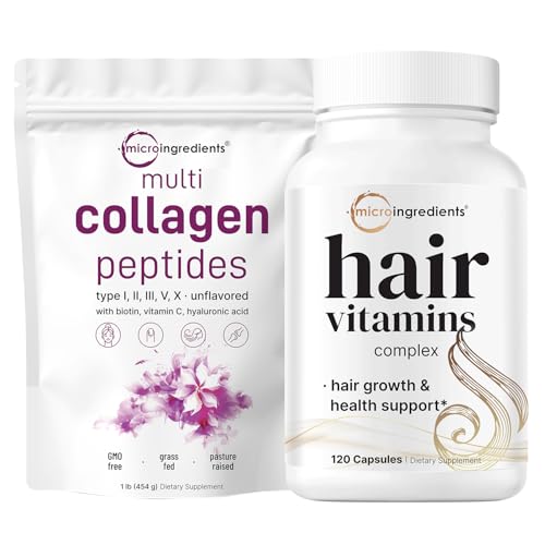 Micro Ingredients Multi Collagen Protein Powder 16oz & Hair Vitamins Complex Capsules Bundle 2 Pack | Grass-Fed Collagen Peptides | 14-in-1 Advanced Hair Growth Support