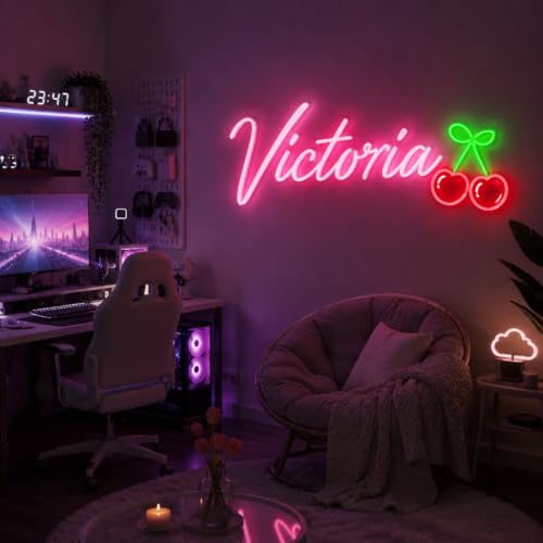 Image of Custom Name with Cherry Neon Sign for Wall Decor Personalized LED Neon Light Sign for Wall Art Nursery Girl Bedroom Birthday Party Christmas Kid's Gift