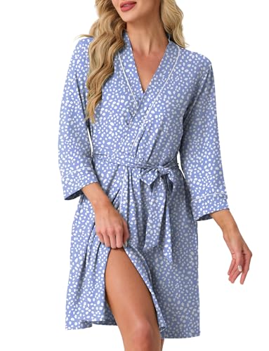 Image of PrinStory Womens Robe Knee Length Soft Knit Bathrobe S-2XL | V-Neck 3 /4 Sleeve Robes with Pockets, Lightweight, Breathable Bath Robe for Shower, Spa, Travel, Home, Party, Nursing