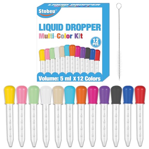 12-Piece Liquid Pipettes Droppers 5ML Set with A Clean Brush 12 Colors Plastic Clear Pipettes for Kids with Silicone Bulb Tip Medicine Eye Dropper for Feeding/Crafts/Candy Mold/Gummy Bear Maker/Oil