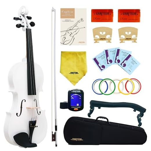 Crafteem 4/4 Full Size Fiddle White Colored Premium Violin Outfit for Beginners Adults Kids With 5 Color Fingering Tape- Handcrafted Student Beginner Violin. (White, 4/4 Full)