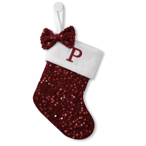 OJCHRLKF 9 Inches Initial Monogram Embroidered Christmas Stocking Glitter Sequins Bowknot with Velvet Small Christmas Stocking Red,Gray,Green Christmas Decorations-Red-P-62