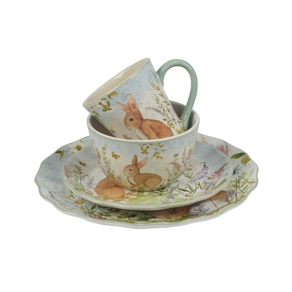 Certified international meadow 16 piece ceramic dinnerware setservice for 4bunny floral design perfect for easter spring holiday diningdurable microwave dishwasher safe multicolor  urban country home decor