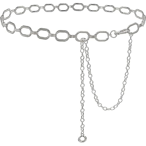 HIQUACC Metal Square Waist Chain for Women Square Body Link Belt for Dresses (AS23028-Silver XL)