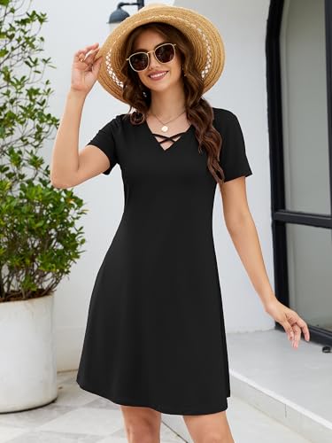 Image of KORSIS Women's Dresses Summer Casual T-Shirt Short Sleeve Criss Cross V Neck Swing Beach Vacation Sundress Dress with Pockets