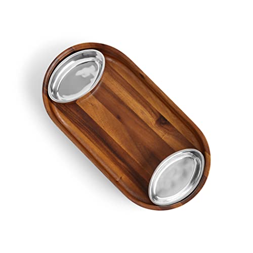 Nambe Oblong Nest Chip And Dip Serving Bowl | Wooden Appetizer Platter Set With Oven Safe Metal Dip Cup For Salsa, Guacamole, Nacho, Vegetables | Measures At 13” L X 6.5” W | Designed By Neil Cohen #TOP4