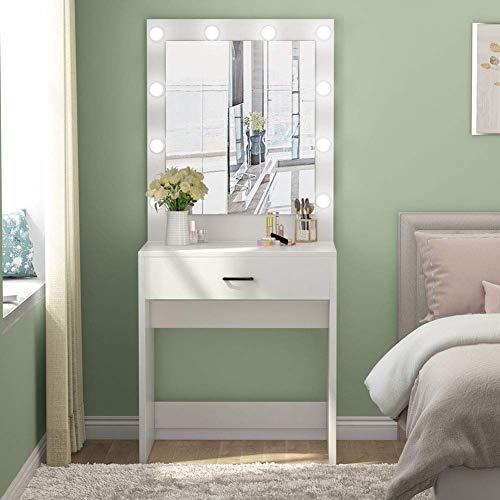 Tribesigns Vanity Set with Lighted Mirror, Makeup Vanity Dressing Table Dresser Desk with Large Drawer for Bedroom,White (10 Cool LED Bulbs)