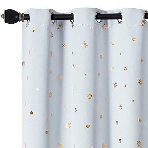 Rutterllow Blackout Curtains with Golden Snowflake Printed for Kid's Room - Thermal Insulated Grommet Room Darkening Curtains for Nursery Room 2 Panels, White, 52x63 inch