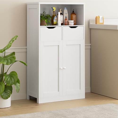 Walsunny Bathroom Storage Cabinet, Floor Storage Cabinet with 2 Drawers, Doors and Adjustable Shelves, Freestanding Wood Organizer for Bathroom Living Room Kitchen Entryway, White