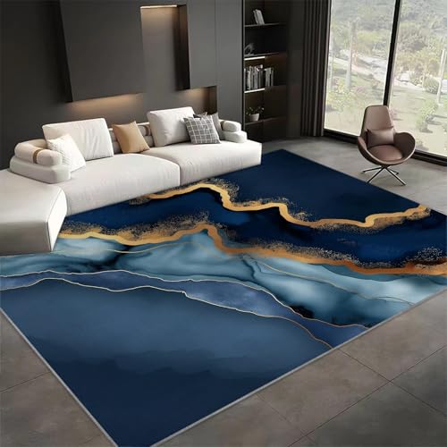 Tapis de salon doux et antidérapant à texture marbre bleu - 2