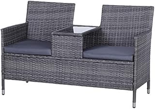 Outsunny Garden Rattan 2 Seater Companion Seat Wicker Love Seat Weave Partner Bench with Cushions Patio Outdoor Furniture (Grey)