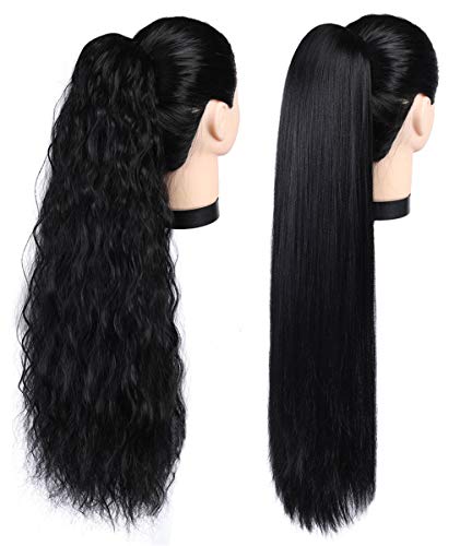 Synthetic Ponytail Extensions Natural Wave Long Wavy Hairpiece for Women Wrap Around (Buy Both: Yaki Straight & Water Wave)