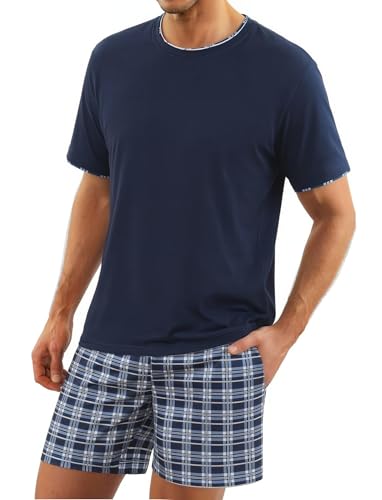 Litherday Schlafanzug Herren Kurz Pyjama Baumwolle Kurzarm Zweiteiliger Pyjama Set Nachtwäsche Kurzarm Oberteil und Karierte Schlafanzughose Hausanzug Sleepwear Weich und Hautfreundlich