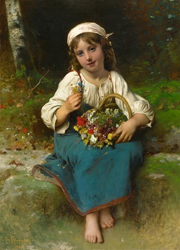 Toile Jeune Fille au Panier de Fleurs Léon Bazile Perrault pour Habiller un Grand Mur Vide