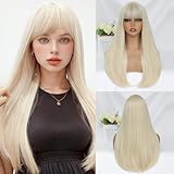 VOZIFAXIU Blonde Wig with Bangs for Women 24 Inch Long Straight Blonde Wigs Synthetic Heat Resistant Wig for Daily Party Use