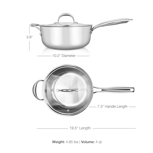 Image of KEAWELL K3 Premium 4-Quart Tri-Ply Fully Clad Stainless Steel Saute Pan with Lid, Induction & Oven Safe up to 600F, Even Heating, Professional Cookware for All Stovetops (4-Qt)