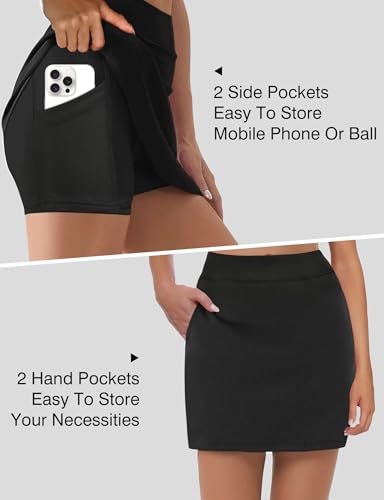 Women's Tennis Skirt, High-Waisted Golf Skort with Pockets and Built-in Shorts, Mini Skirt for Activewear Black4