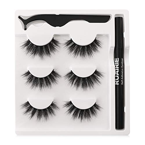 False Eyelashes with Eyeliner, Lash Glue Liner 3 Pairs Fluffy 3D Fake Eyelashes with Magic Eyeliner Pen Self-adhesive -No Glue No Magnet Needed-Strong Hold for False Lashes