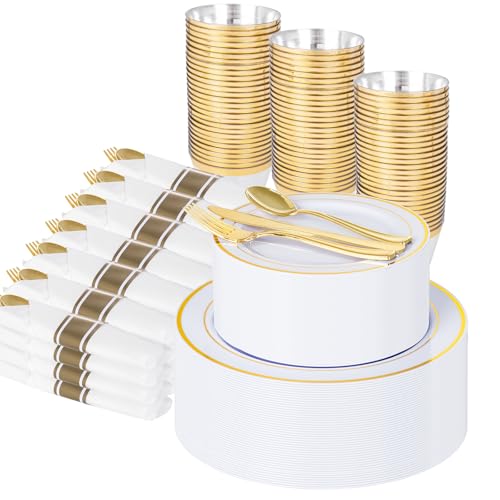 WELLIFE 350-Piece Gold Disposable Plates and Cutlery Set - Premiu...