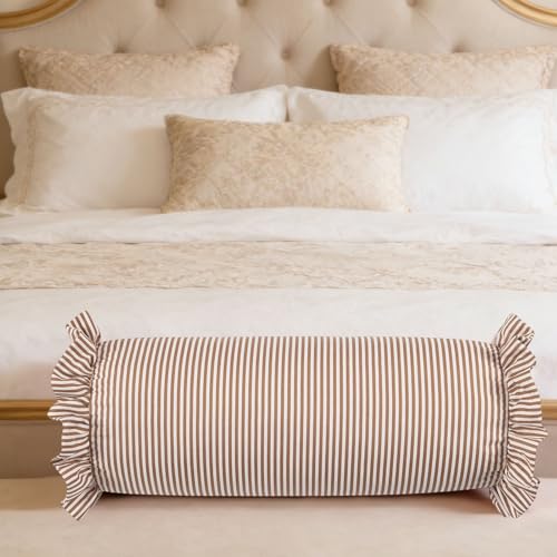 Green Striped Ruffle Bolster Pillow Decorative Cylinder Pillow with Ruffled Edges Soft Cylindrical Neck Roll Support Pillow for Bed Sofa Sleeping and Relaxing (Brown)