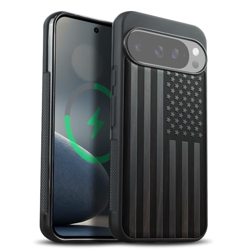 Carveit Magnetic Wooden Case for Google Pixel 10 Pro XL Case, Wood Artisan Engraved & Soft TPU Shockproof Cover, Compatible with MagSafe Wireless Chargers (The Classic American Flag) Blackwood