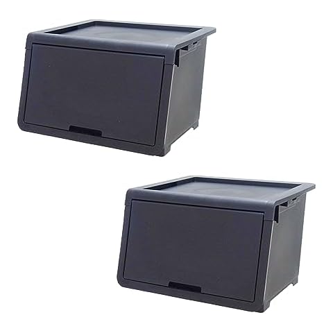 ASTAGE flip top storage bin lockable box plastic storage box with retractable lid modular stackable box storage organization - Medium 2 Pack Black Cover