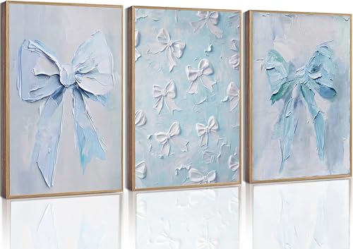 Image of 3Pcs Trendy Blue Bow Canvas Wall Art Vintage Cute Preppy Watercolor Bow Painting Pictures Wall Decor Posters Prints Girly Aesthetic for College Apartment Bedroom Decoration Unframed