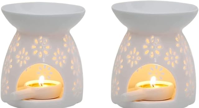 ZEEWIZZ2 PACK !BIG SIZE! 9.8 x 9.8 x 11.5 cms Wax Oil Burner White - Star Pattern, Ceramic Aroma Burners Warmer Aromatherapy Holder Candle Scented Diffuser Home wax burner.
