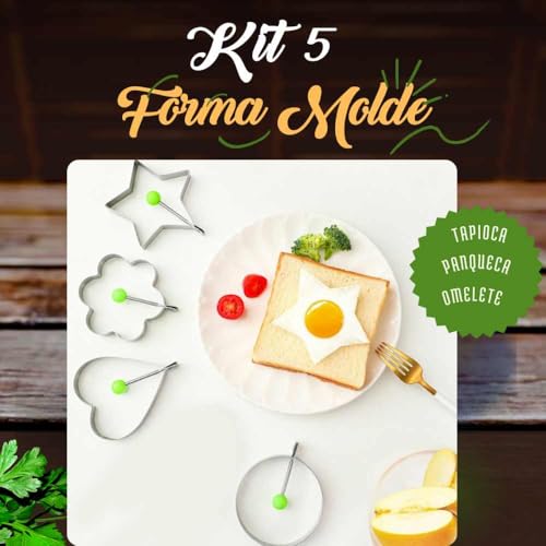 Kit 5 Moldes de Aço Inoxidável para Ovos, Panquecas, Tapiocas e Biscoitos, Formatos Coração, Estrela