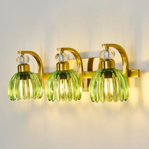 Image of Vintage Bathroom Vanity Light Fixture 3 Lights Gold Bathroom Lighting with Green Glass Shade Mid Century Vanity Light Over Mirror for Kitchen Bedroom Living Room Farmhouse