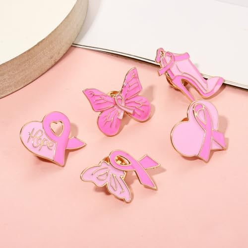 Image of Breast Cancer Awareness Pins for Women Enamel Pink Ribbon Lapel Pins Fight Breast Cancer Brooches Heart Hope Butterfly Brooch Pins Breast Cancer Awareness Jewelry Accessories Outfits
