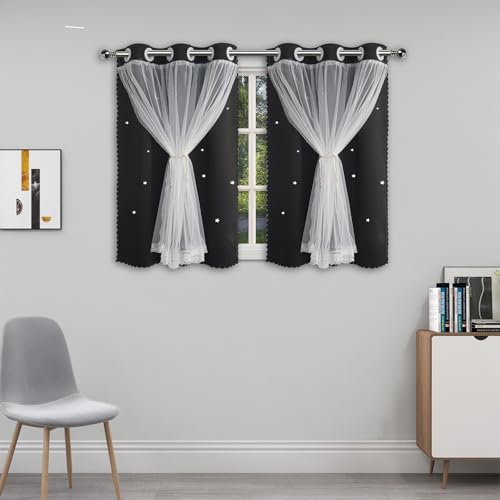 Image of Cute Blackout Curtains for Girls Bedroom Black 45 Inch Length Star Cutout | Double Layer Nursery Curtains & Drapes White Lace Sheer Overlay 2 Panel Kids Room Darkening Short Window Treatments Cortinas