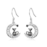 Cat Earrings for Women Girls, 925 Sterling Silver Black Kitty Crescent Moon and Star Dangle Drop Ear