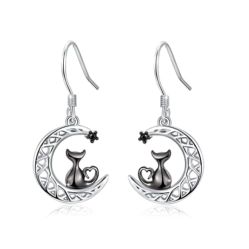 Cat Earrings For Women Girls, 925 Sterling Silver Black Kitty Crescent Moon And Star Dangle Drop Earrings Animals Half Moon Jewelry For Cats Lovers Graduation Gift Teacher Appreciation Gifts #TOP19