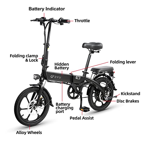 DYU Electric Bike for Adults Teens,16" Folding Electric Bicycle,Commuter City E-Bike with 250W Motor and 36V 7.5Ah Battery,Height Adjustable, Battery Indicator,Compact Portable,Unisex Aldult - Image 3