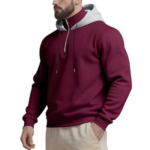 Men's Fleece Lined Hooded Sweatshirt Casual Loose Fit Half Zip Long Sleeve Drawstring Pullover Tops3