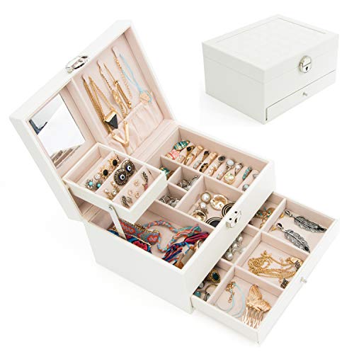 Jewelry Box Organizer Three-Layers Leather Jewelry Display Case With Retro Lock And Mirror (Three-Layers, Cream White) #TOP28