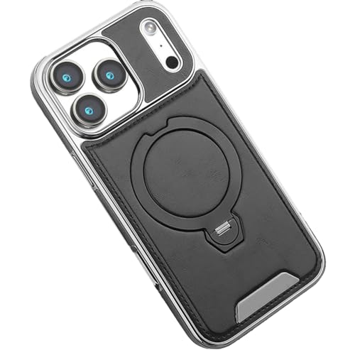 Étui magnétique iPhone 17 anti-chute avec anneau rotatif et cuir fin noir