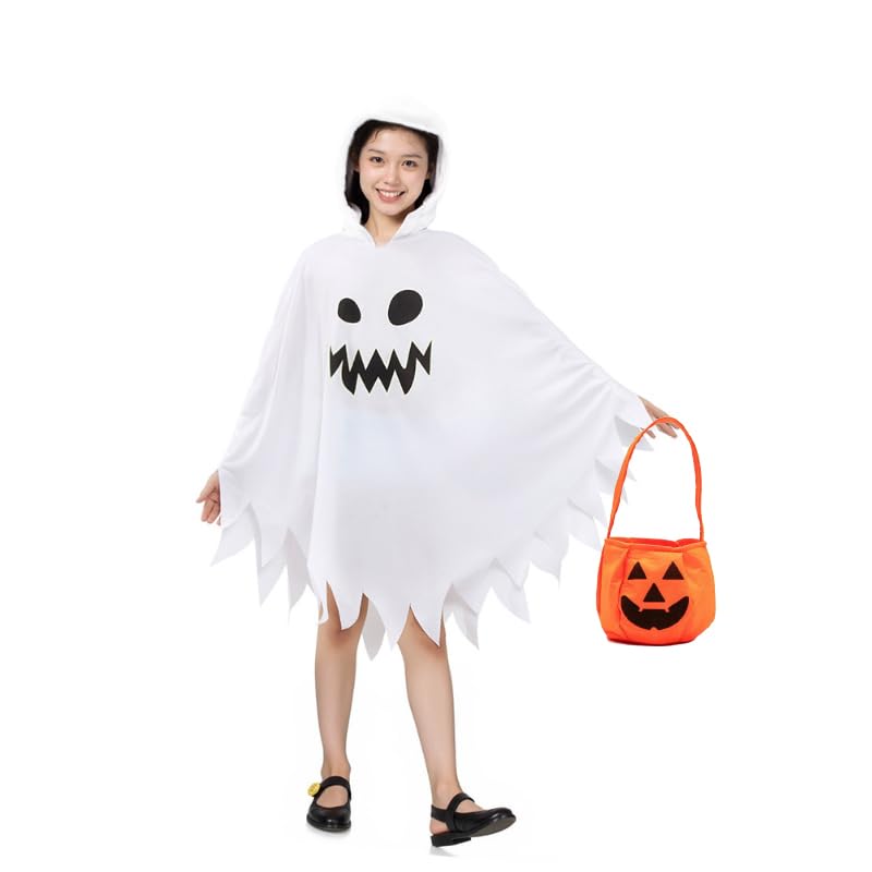 [GOORAIFU] ハロウィン コスプレ衣装 子供 幽霊 ゴースト マント おばけ ホラー 仮装 カボチャのバッグ付き コスチューム ギフト 文化祭 学園祭
