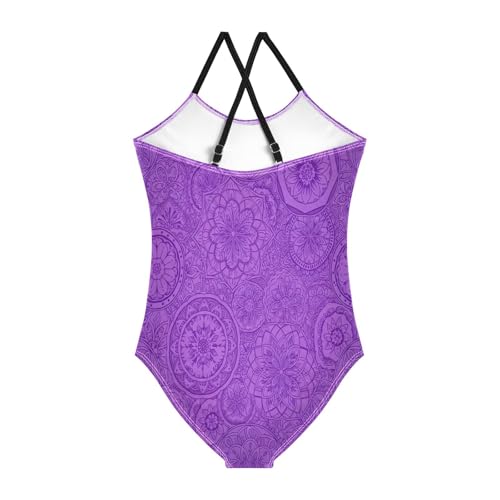 Mandalas Purple Floral Kids One Piece Swimsuit Girls, Summer Beach Apparel, 3-102