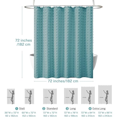 Siiluminisoy Boho Teal Shower Curtain Woven Fabric Shower Curtain, 72 x 72 Tufted Pleat Floral Puffs Textured Modern Farmhouse Minimalist Shower Curtain Set with Hooks for Bathroom by Siiluminisoy - Used condition - Image 5