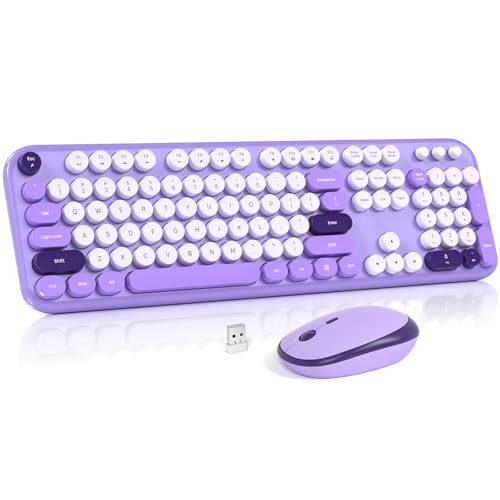 Image of Wireless Keyboard and Mouse Combo, MOWUX Full Size Typewriter Retro Round Computer Keyboard, Cute Optical Mouse Wireless, Plug and Play, for Laptop, PC, Computer- Violet Field