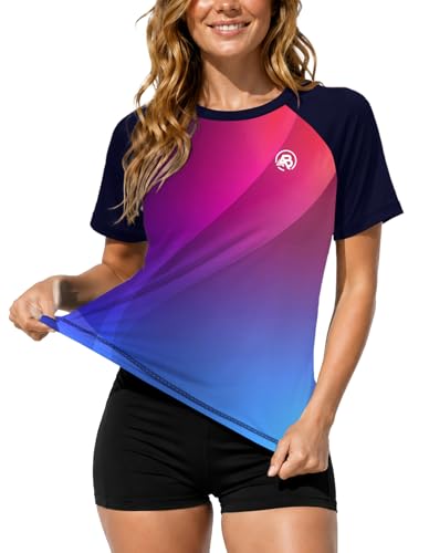 Image of AOBUTE Women Short Sleeve Rash Guard Gradient Sun Protection Swim Shirts