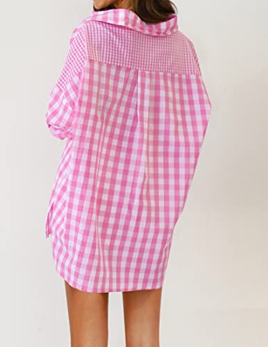Zesica Women's Casual Plaid Patchwork Long Sleeve Button Down Oversized Shirt Blouse Top,Pink,Large #TOP2