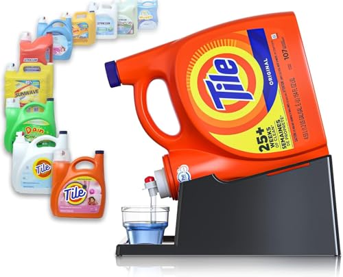 Skywin TidyFriend Liquid Laundry Detergent Holder Stand with Strap, Drip Tray & Rubber Feet, Stand for Laundry Room Organization and Storage, Fabric Softener Dispenser Holder for Easy Pouring (Black)