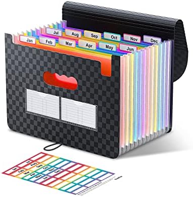 ThinkTex Accordian File Organizer, 12 Pockets Expanding File Folders, Portable Monthly Bill Receipt Organizer, Colorful Tabs, Letter/A4 Size